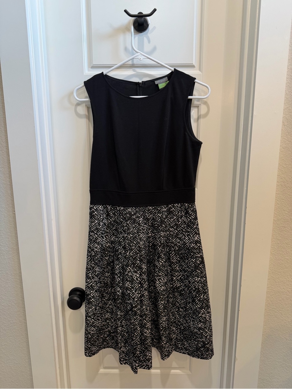 Ann Taylor Black Sleeveless Fit-and-Flare Dress with Patterned Skirt